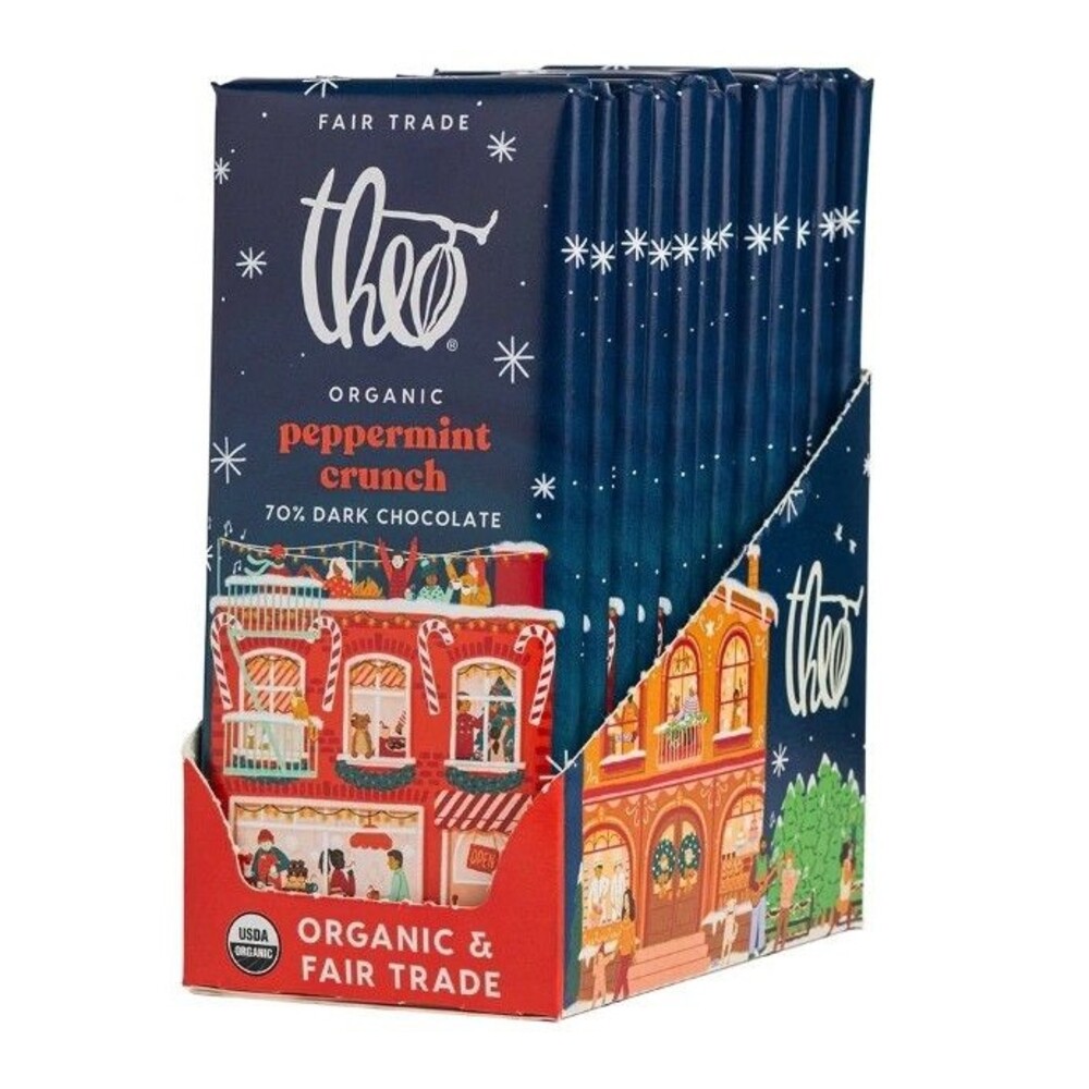 Theo Organic Peppermint Crunch 70% Dark Chocolate Bars 12 Pack Fair Trade